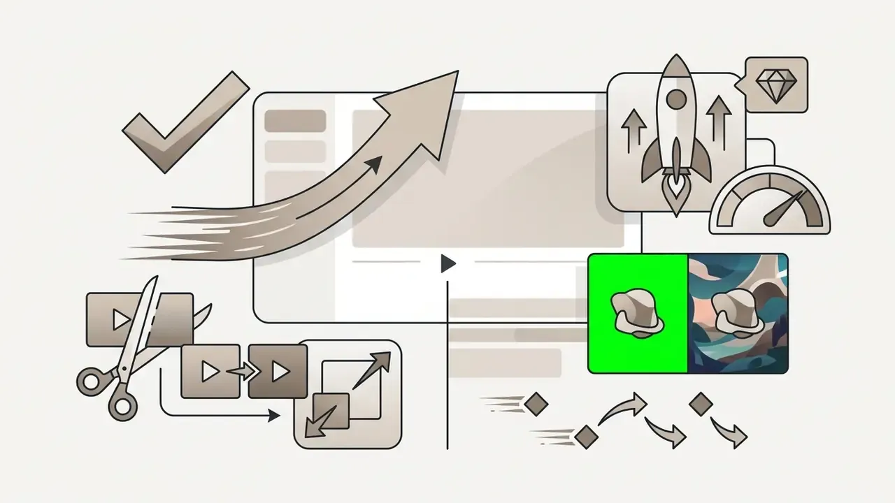 Icons representing video editing tools like trimming, resizing, chroma key, and performance optimization