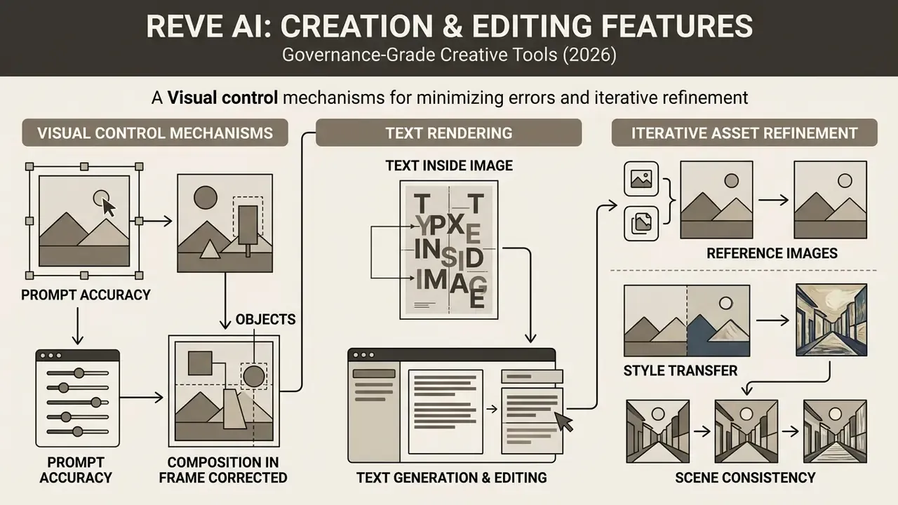 Diagram detailing visual control, text rendering, and iterative refinement tools for image generation