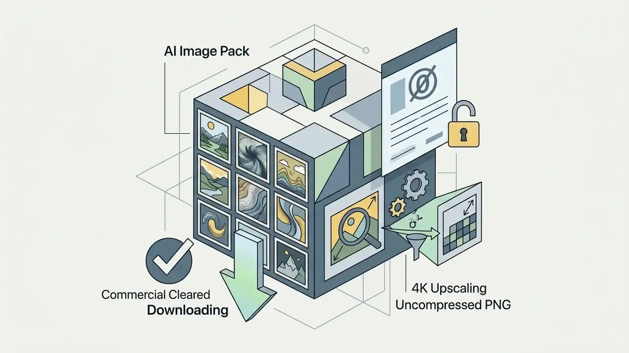 Isometric cube showing AI image assets being processed for 4K upscaling and commercial downloading