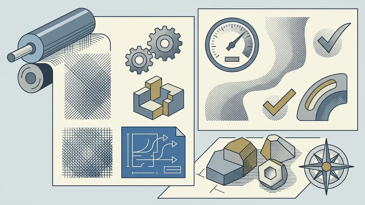 Printing roller and gears next to crosshatched patterns, architectural shapes, and a compass rose