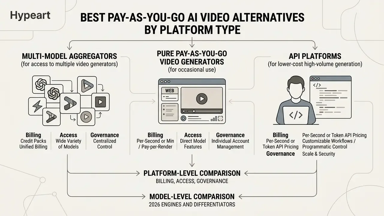 Categorization of AI video services into multi-model aggregators, web generators, and developer API platforms