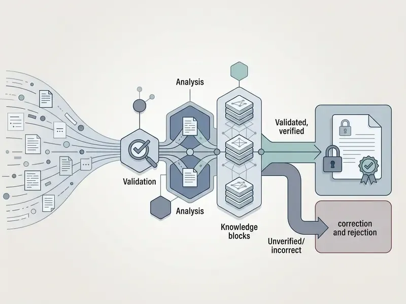 Systematic process showing data validation, analysis through knowledge blocks, and final content filtering