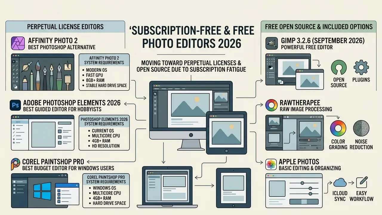 Comparison of perpetual license and free open source photo editor programs with system requirements