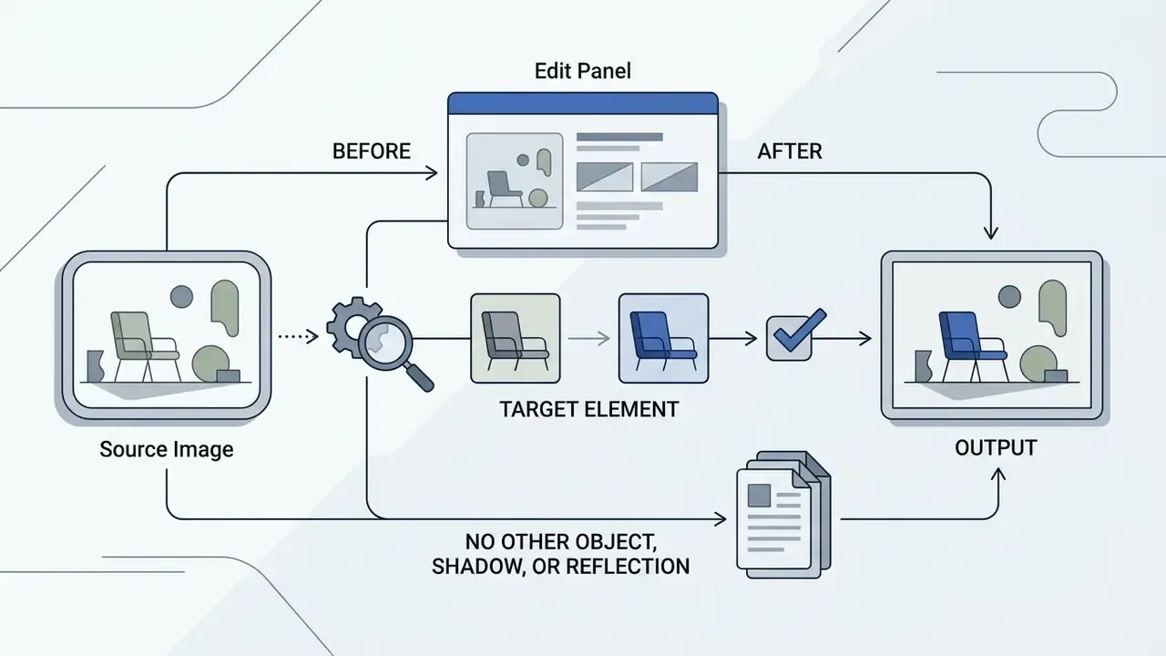 Workflow showing a source image being edited to change a chair color while preserving other elements
