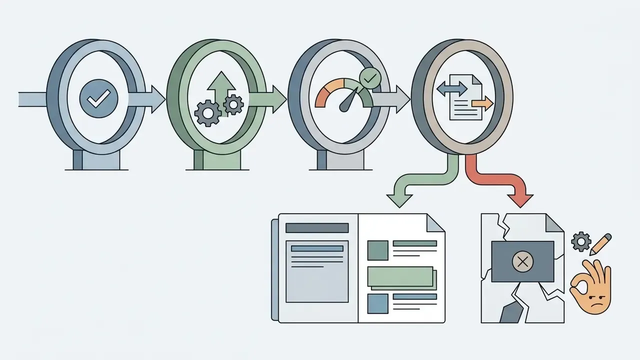 Four circular gates leading to a choice between an editable document and a broken file with flattened images