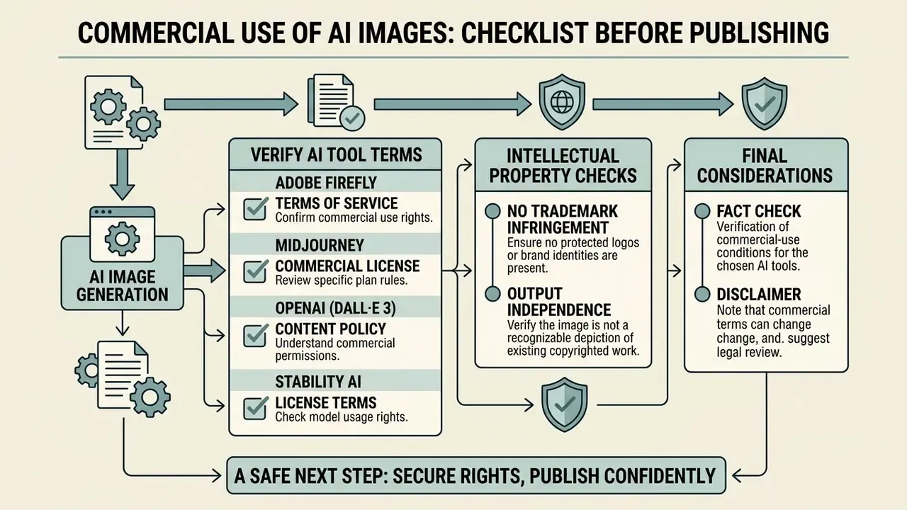 Process diagram outlining steps to verify commercial rights and legal compliance for AI generated images