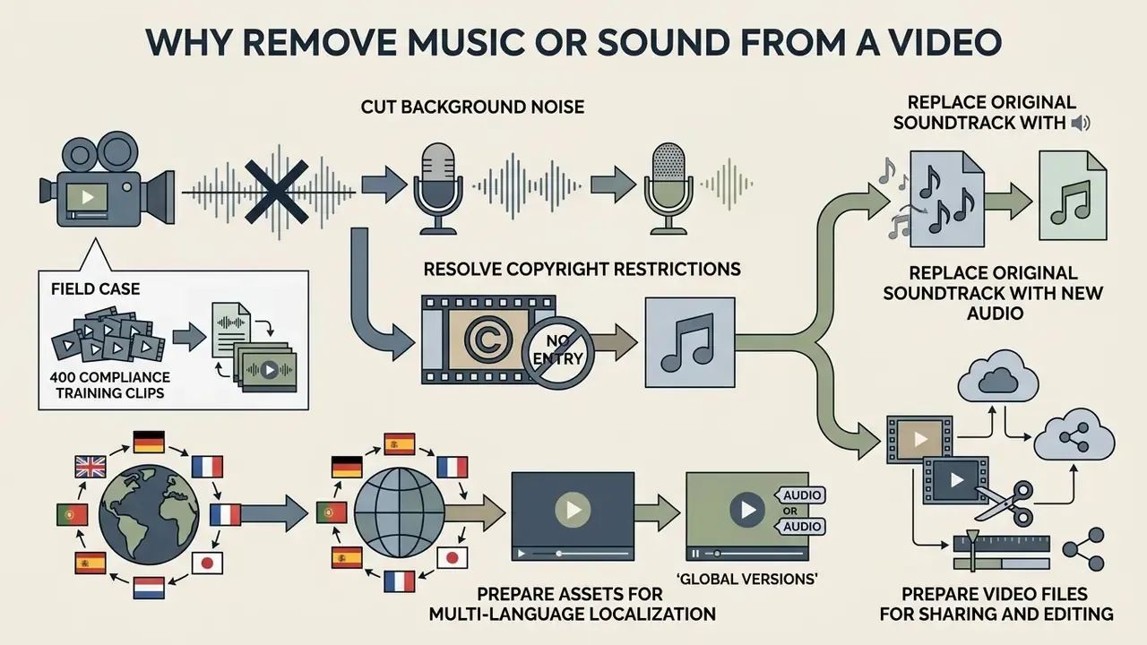 Infographic showing how to mute video online to remove noise, fix copyright issues, and localize content