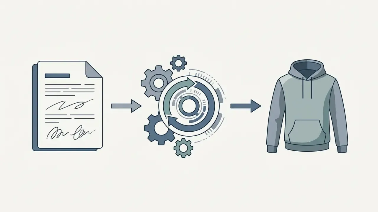 Hand-drawn sketch document being processed through mechanical gears and digital cycles into a hoodie render