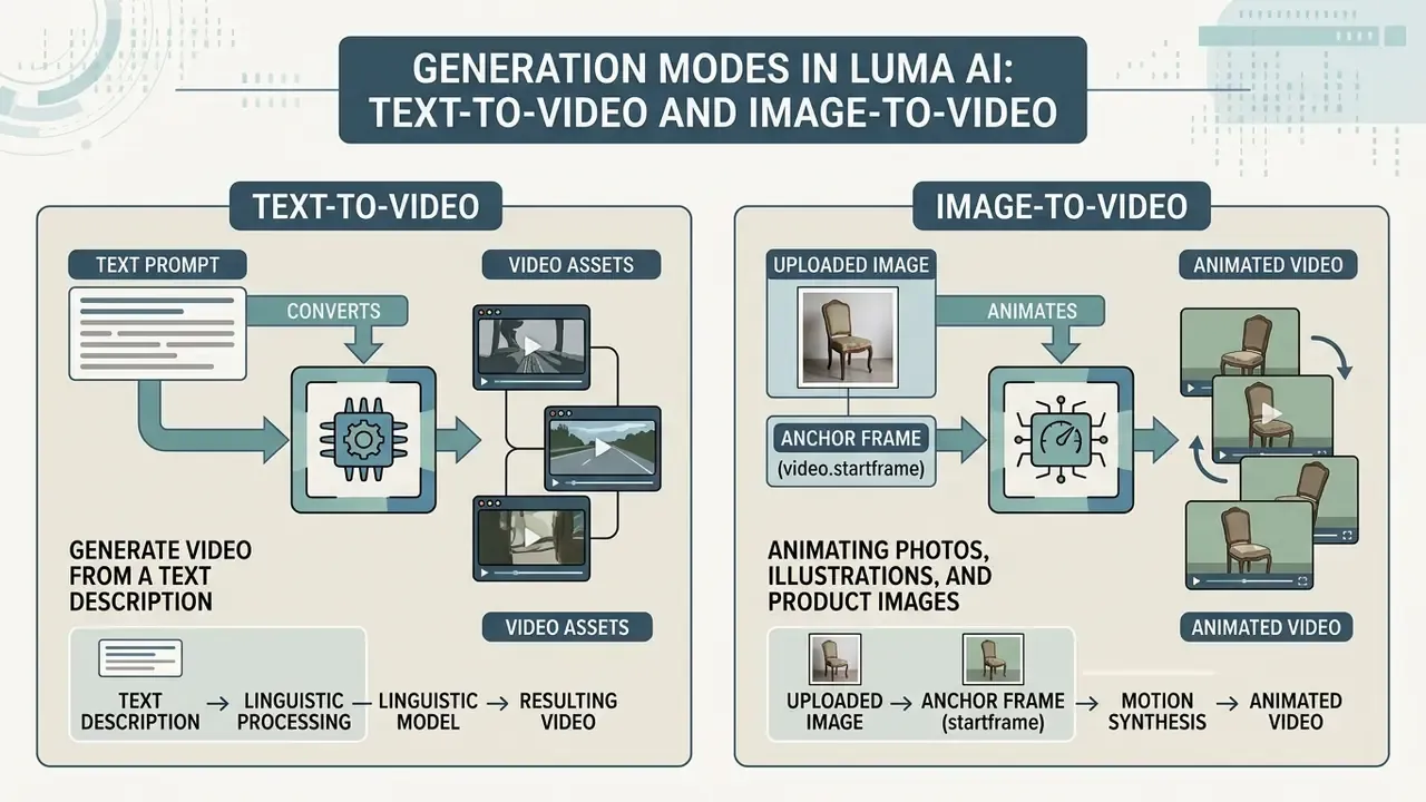 Two side-by-side workflows showing how Luma AI converts text prompts or static images into video content