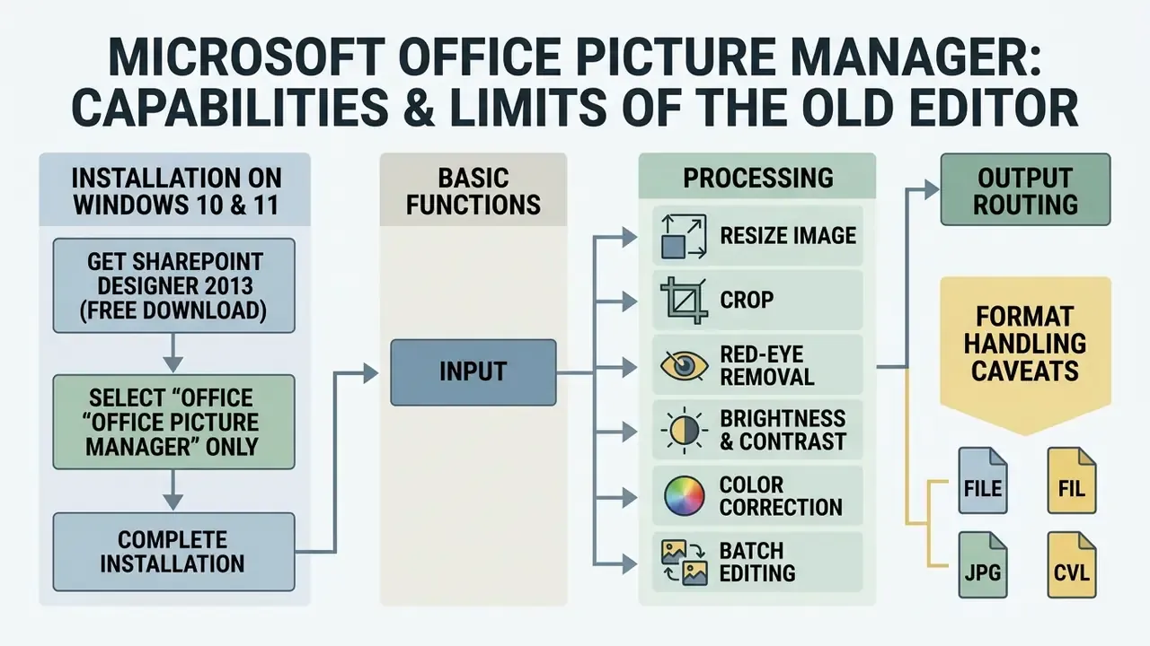 Infographic detailing installation, core editing functions, and output options for Microsoft Office Picture Manager
