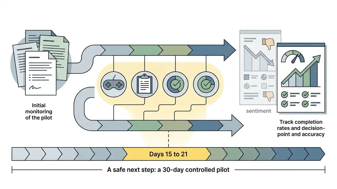 Parallel paths showing document review and testing icons leading to sentiment and accuracy data reports
