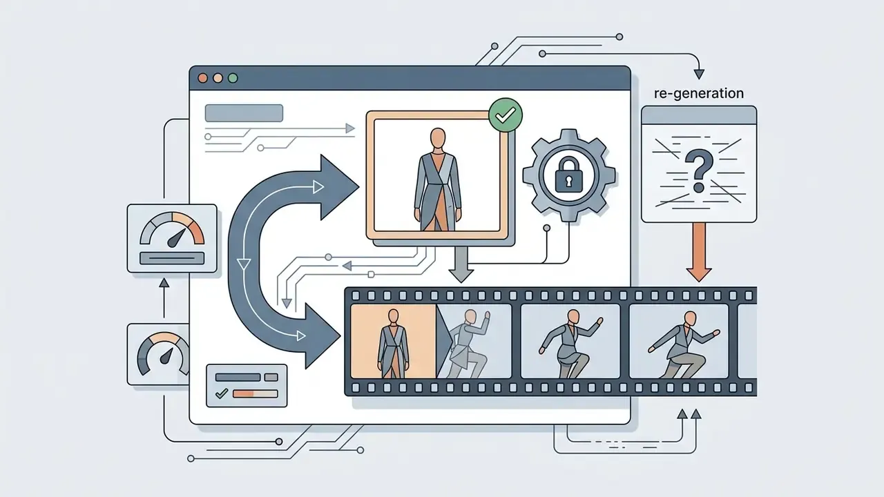 Process flow showing a locked 2D fashion model image used as a control frame for AI video generation