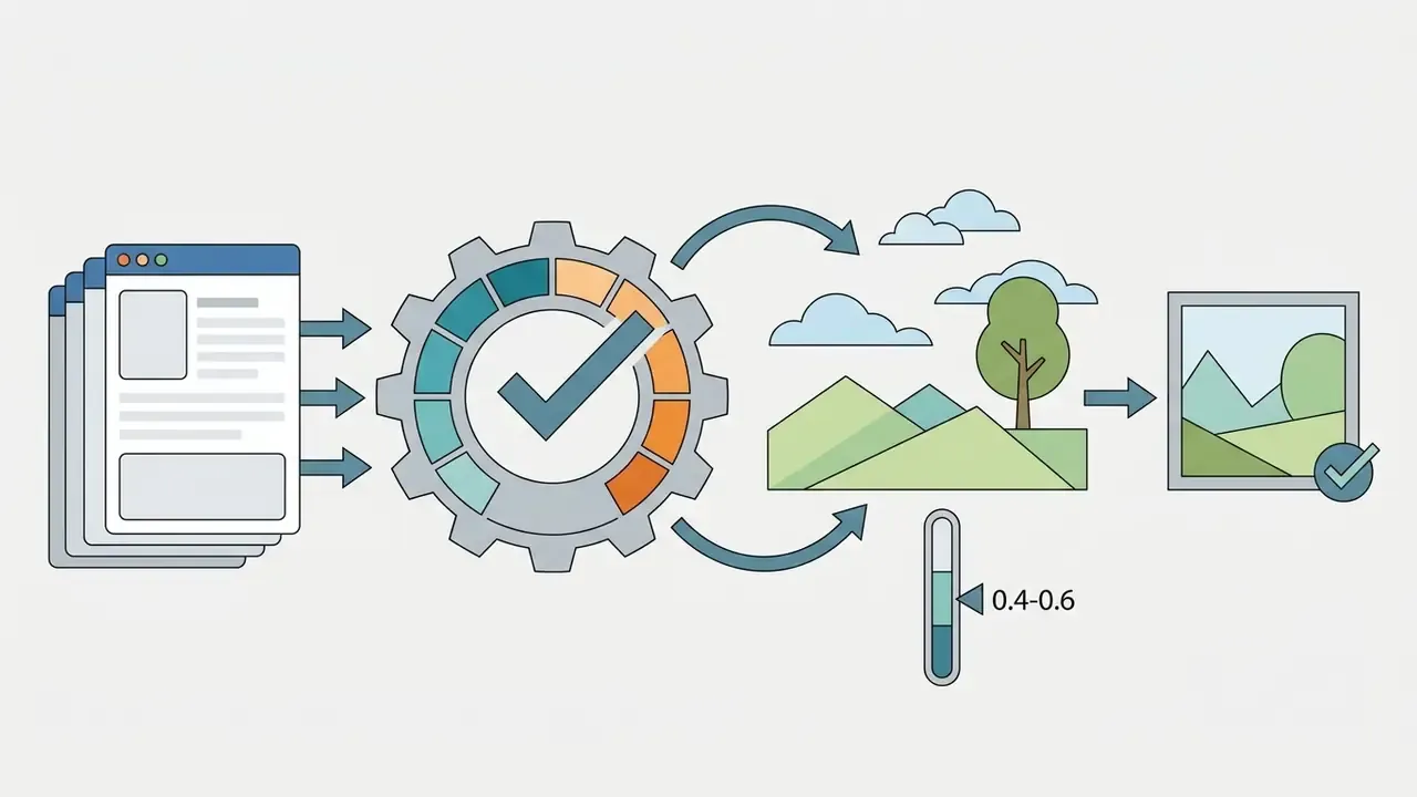 Documents feeding into a gear icon that processes landscape scenes with a slider to a final image