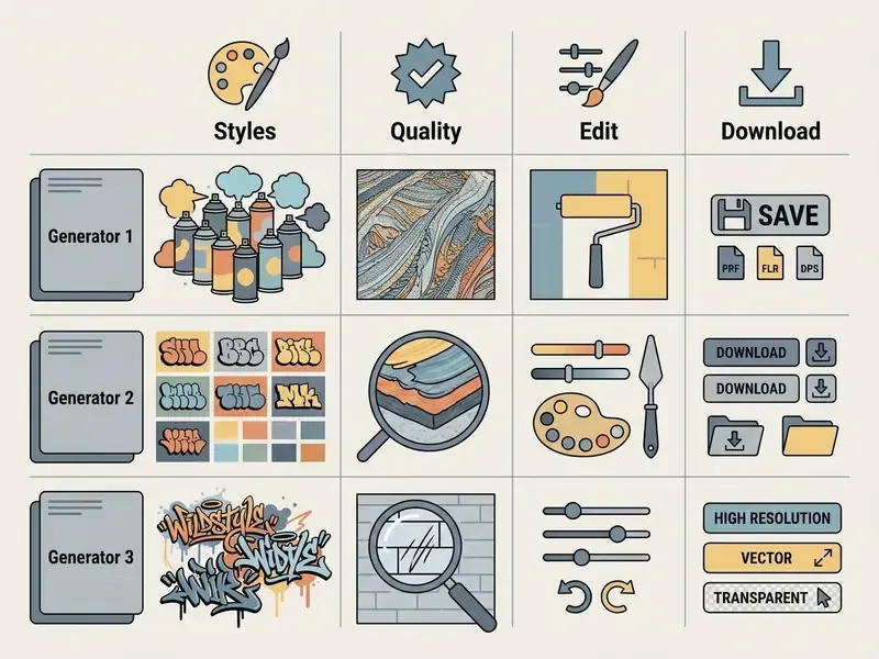 Comparison table for an AI graffiti generator showing icons for art styles, quality, editing, and downloads