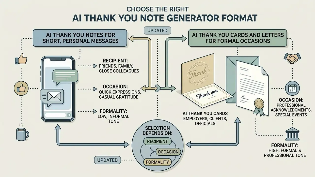 Flowchart comparing AI thank you note formats based on recipient, occasion, and level of formality