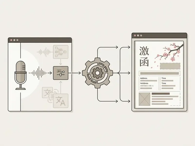 Microphone input processing voice commands into a stylized Japanese tea ceremony invitation design