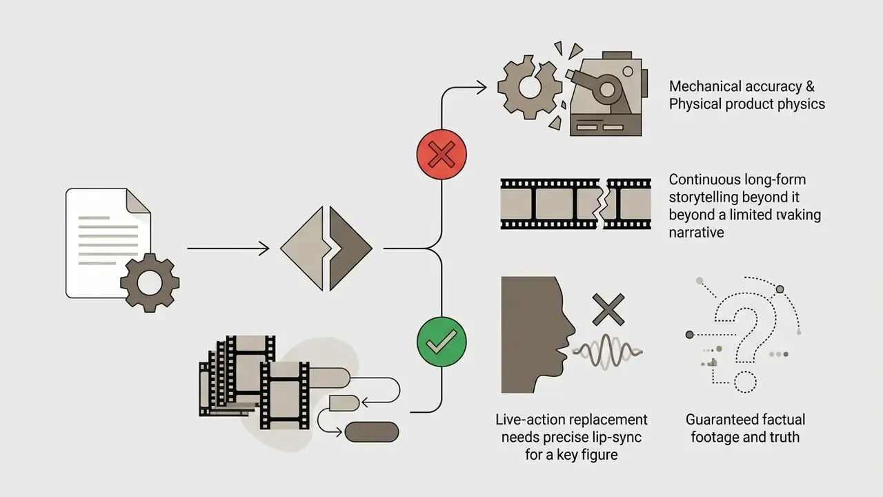 Icons showing use cases where Google Veo is not recommended due to mechanical or narrative limitations