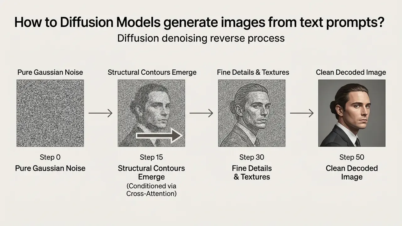 Sequence of four panels showing the gradual transformation of static noise into a clear portrait
