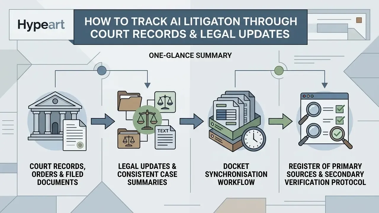 Flowchart illustrating the process of gathering court records, syncing dockets, and verifying legal sources
