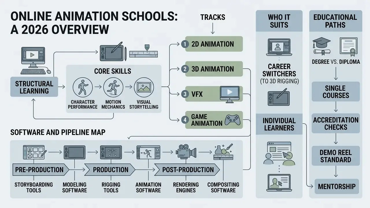 Flowchart detailing animation core skills, production pipelines, and available educational paths