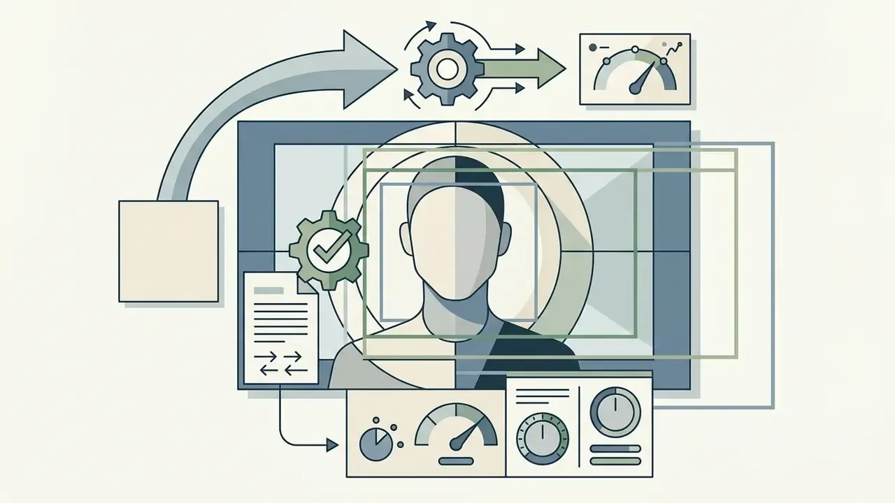 Human silhouette framed by digital overlays and linked to gear icons and resolution control panels