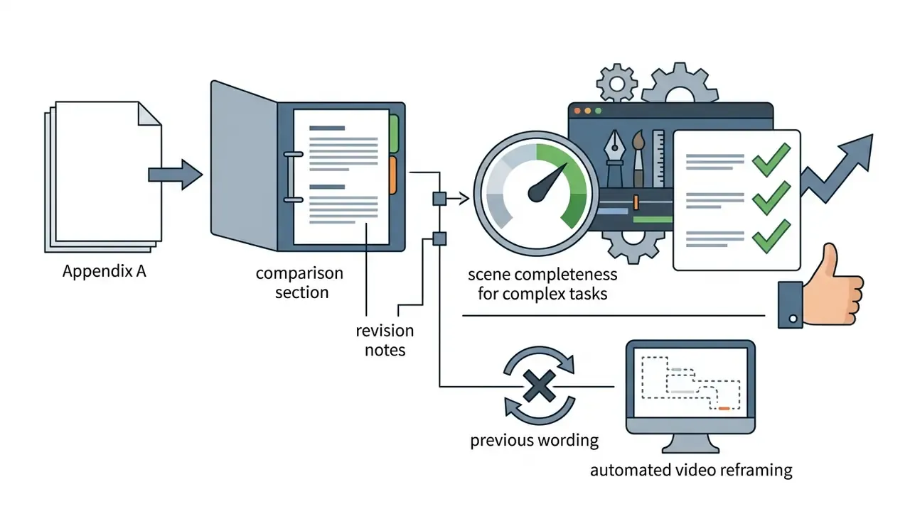 Documents and notes feeding into a performance gauge and a monitor screen showing video reframing analysis