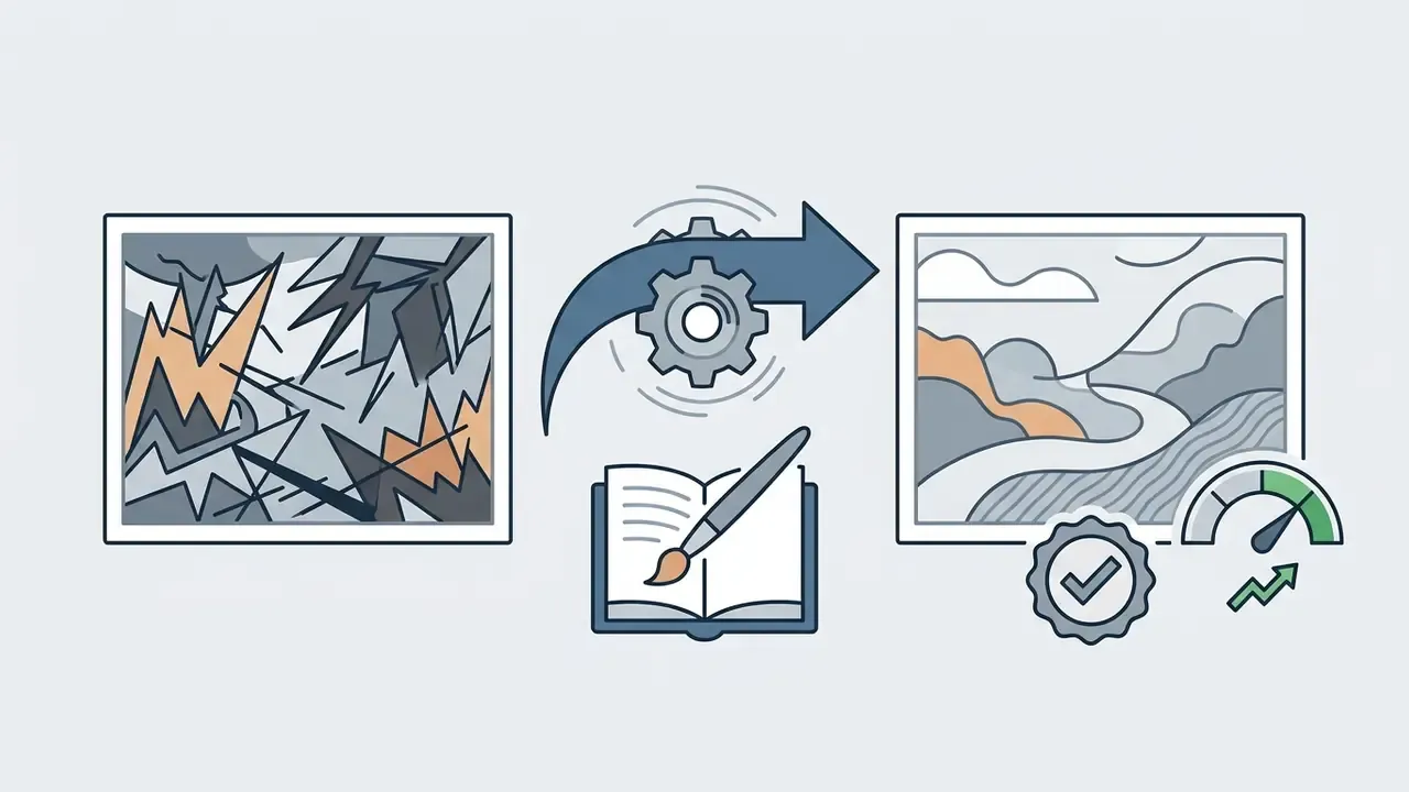 Complex image processed by a gear into a simplified landscape drawing with a checkmark and gauge icon