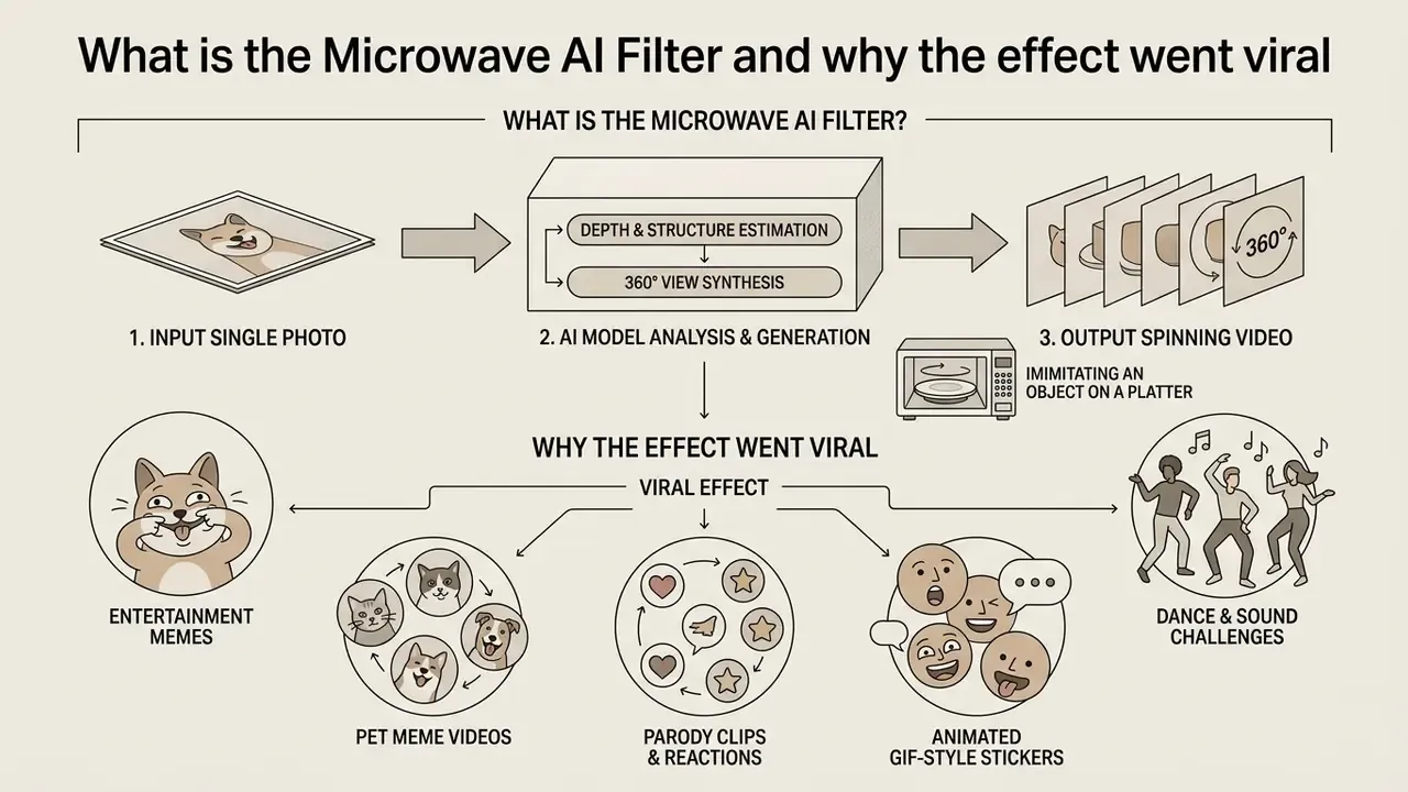 Infographic showing how the Microwave AI Filter converts a single photo into a 360-degree spinning video