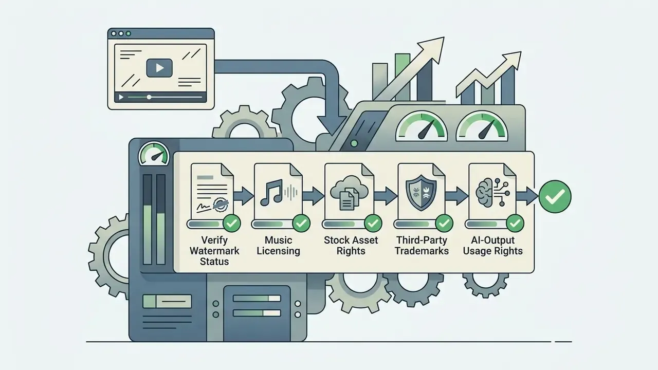 Mechanical process showing a sequence of five compliance checks for video assets and usage rights