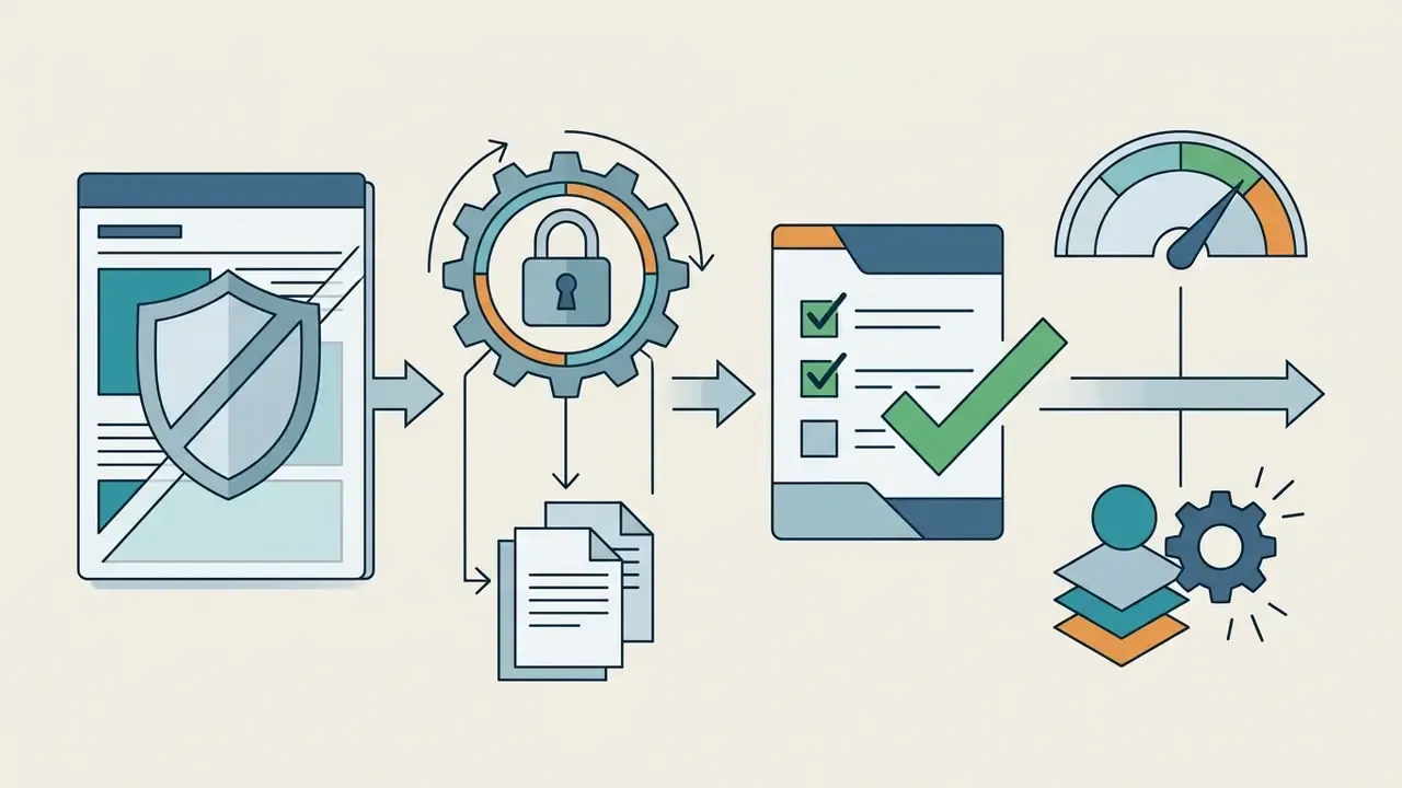 Document with a shield icon, a locked gear, a checklist, and a gauge representing legal asset protection