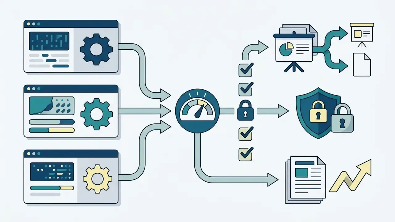Process flow showing software inputs feeding into a central gauge and branching to export and security icons