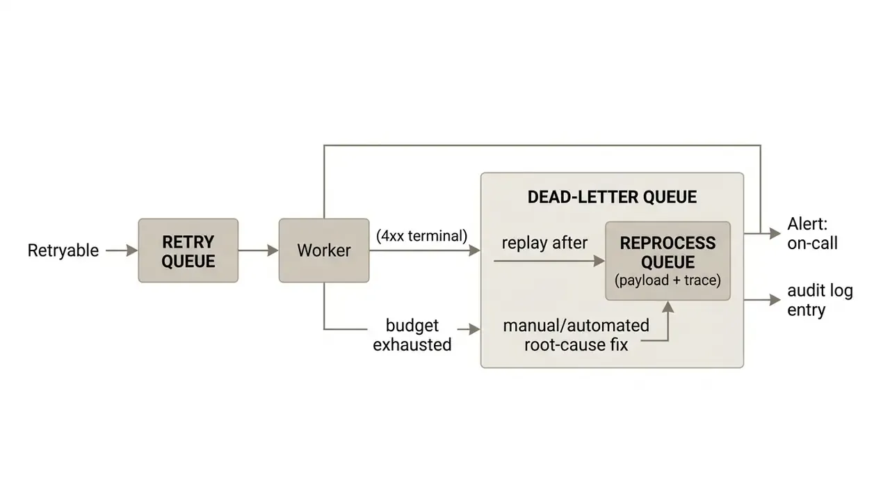 Data processing diagram showing retry and dead-letter queues with paths for alerts and manual reprocessing
