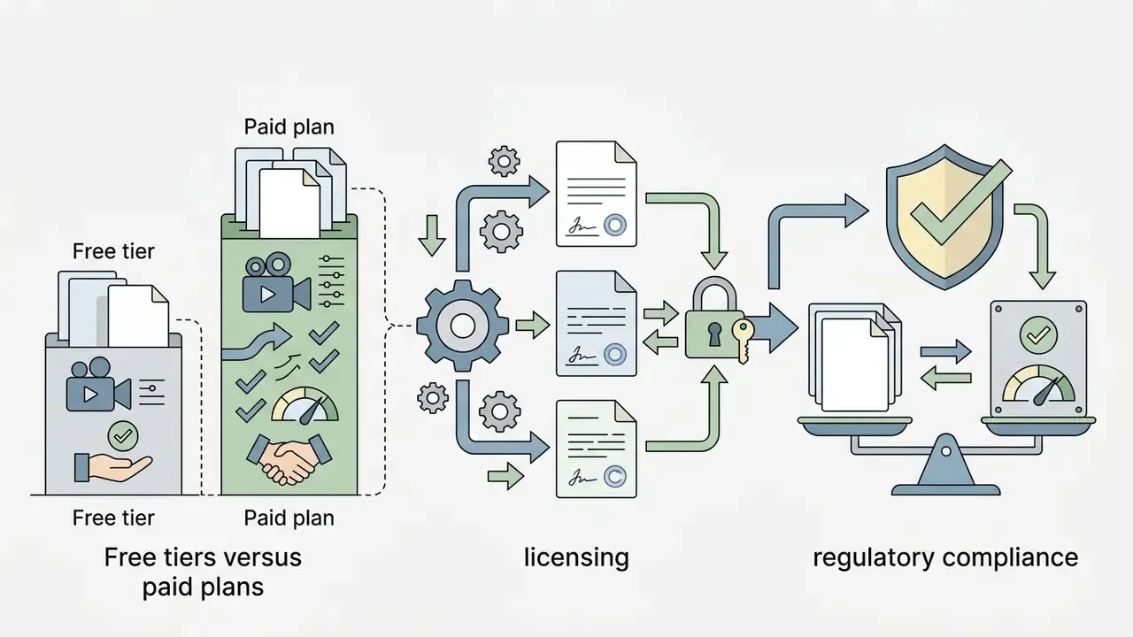 Process flow showing document licensing and regulatory compliance steps for different service tiers