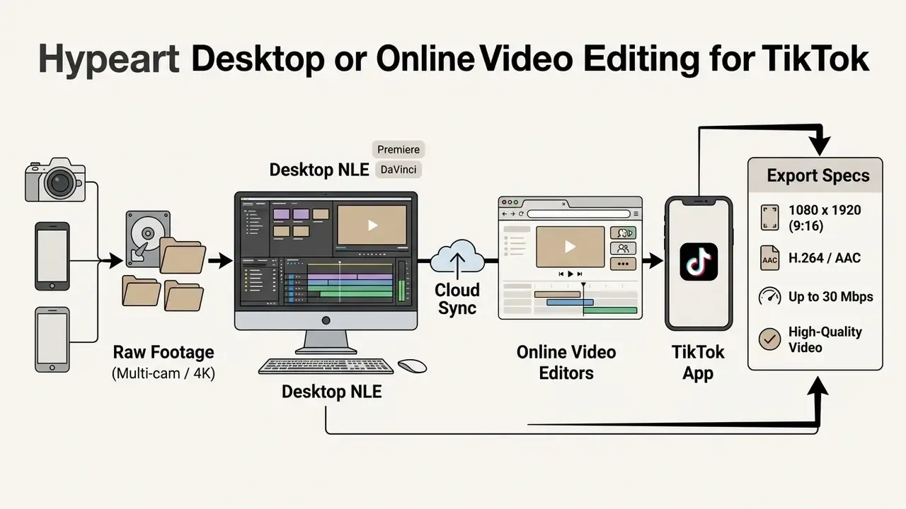 Workflow diagram showing raw footage moving from capture devices to desktop editors and the TikTok app