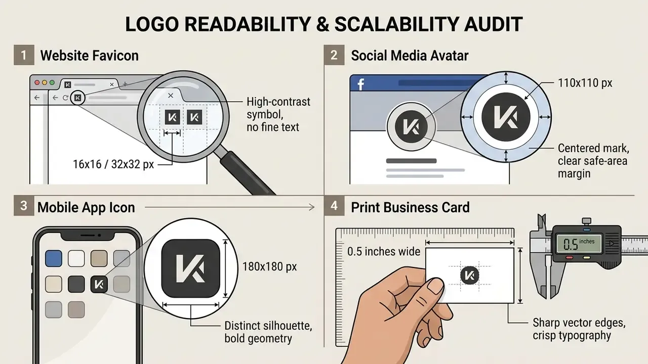 Four-part guide demonstrating logo scalability requirements for web, social, mobile, and print applications