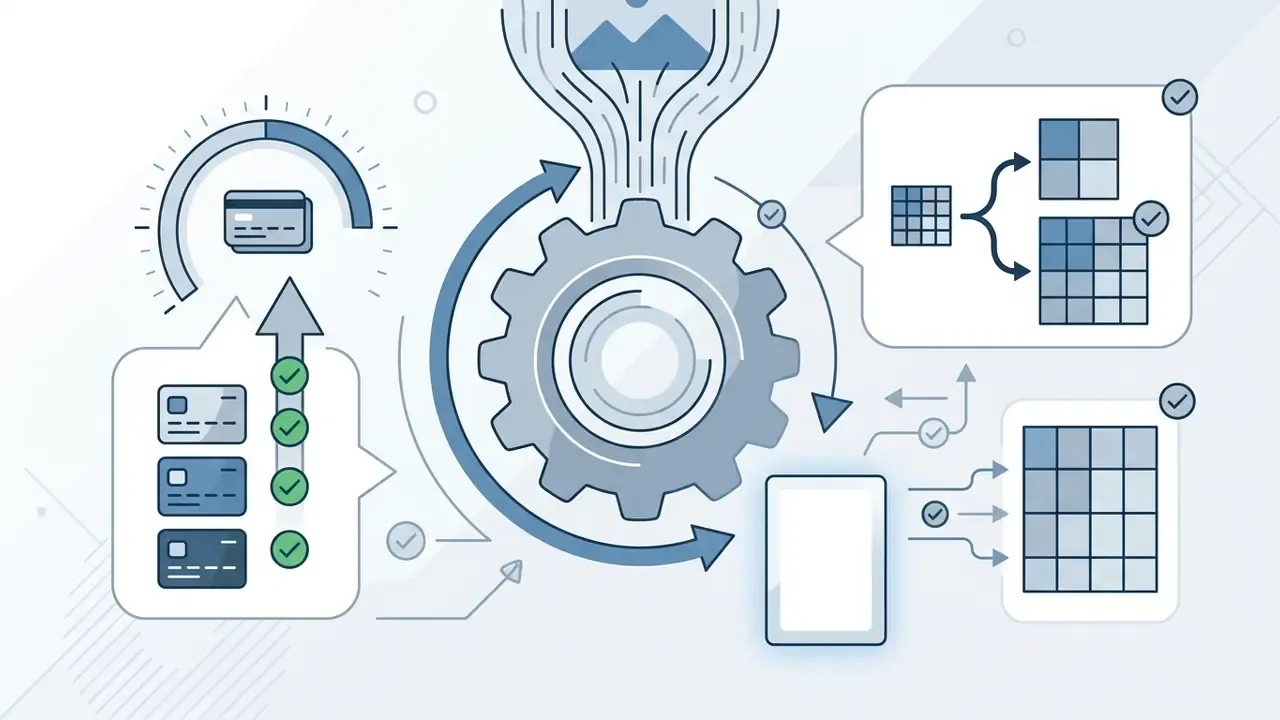 Central gear mechanism processing images into upscaled grids with payment and credit tracking icons