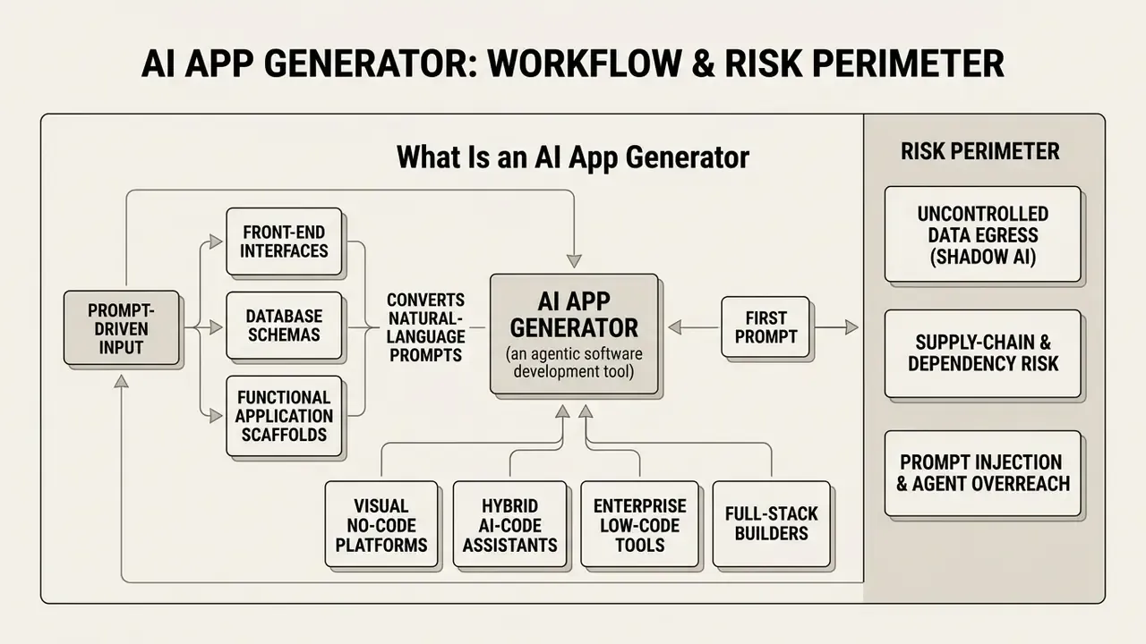 Flowchart mapping the development process of an AI app generator alongside its associated risk perimeter