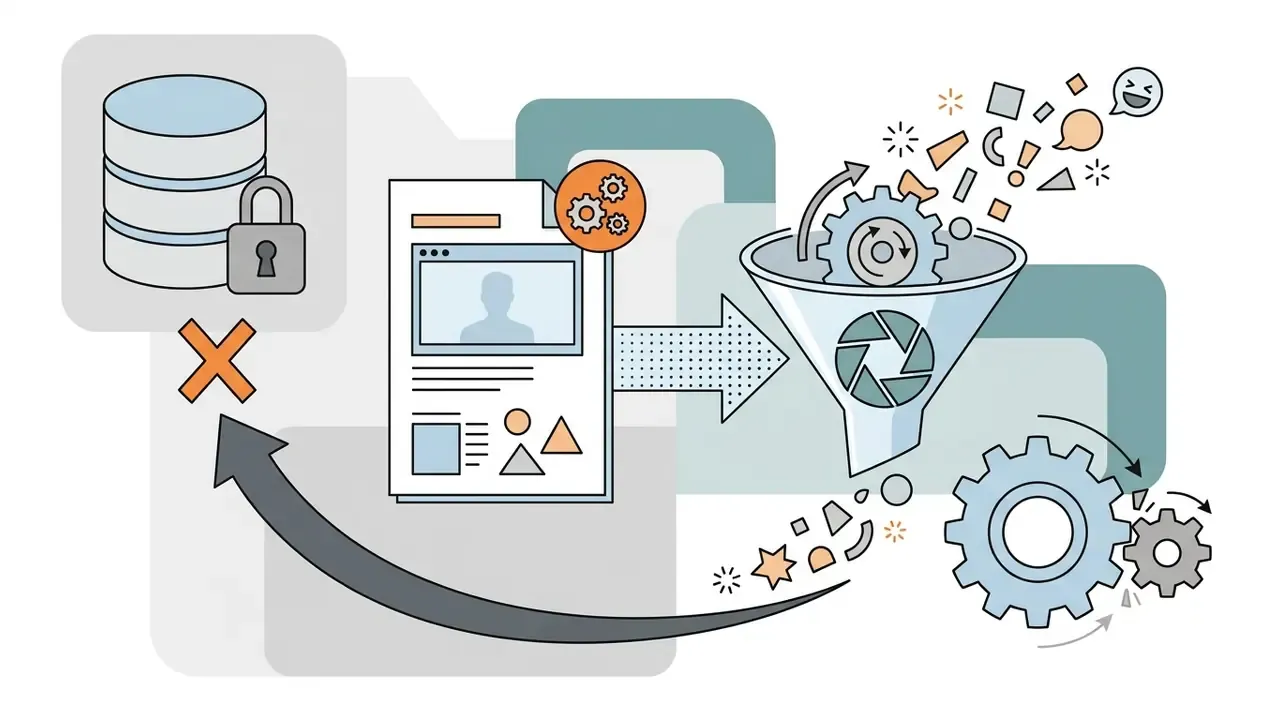 Document moving through a gear-driven funnel to be processed into scattered shapes and icons