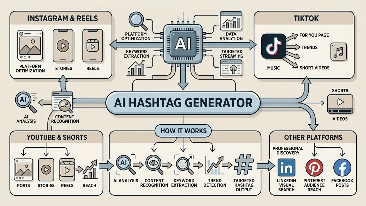 Diagram illustrating how an AI hashtag generator optimizes content for various social media platforms