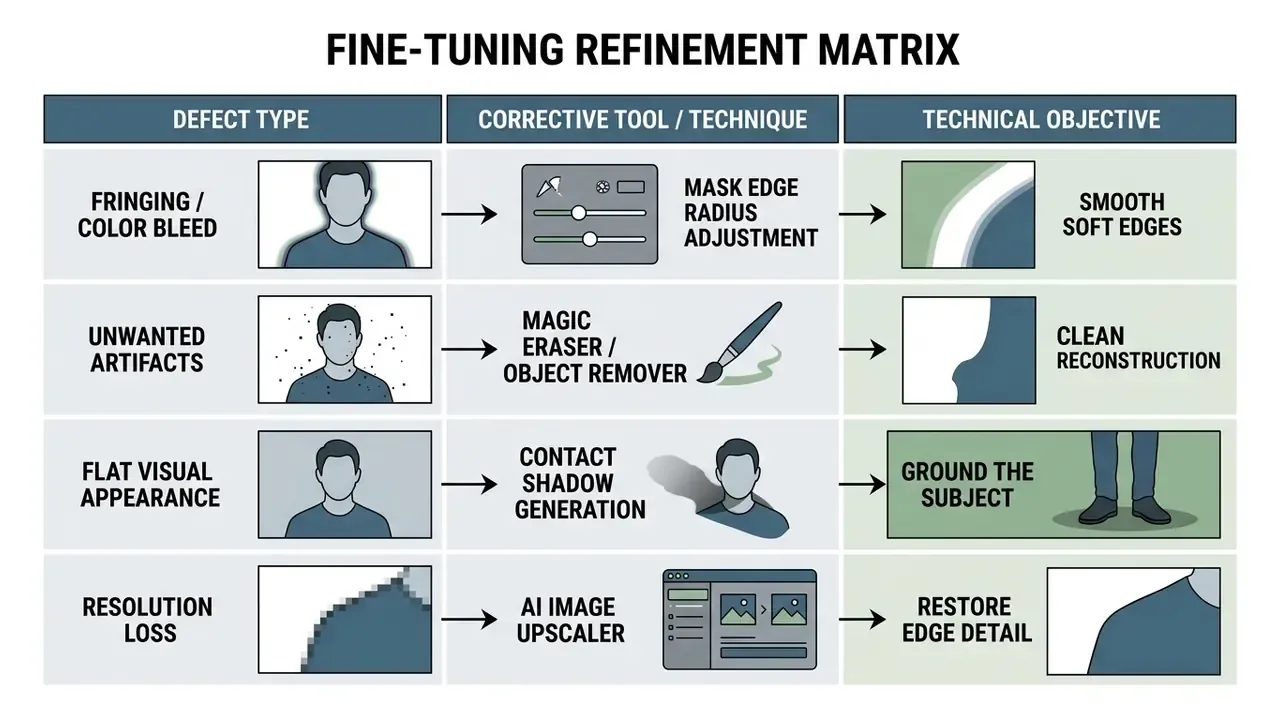 Table showing common photo defects, recommended corrective tools, and their specific technical objectives