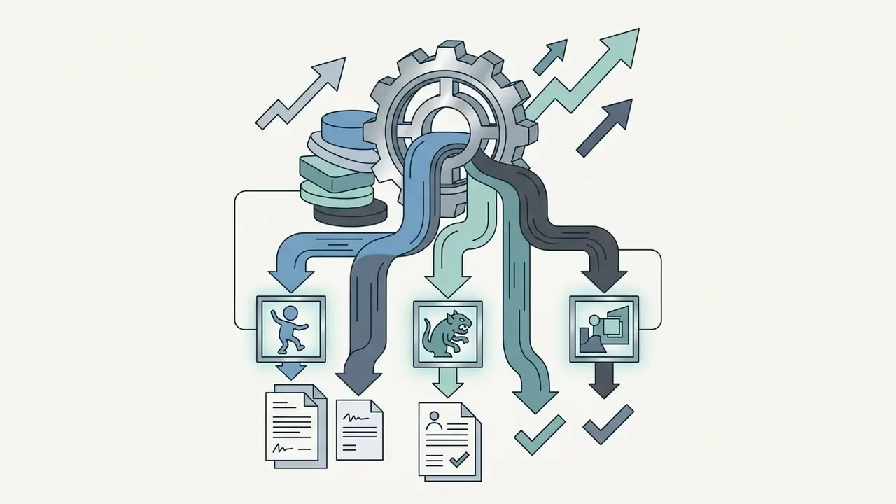Gear mechanism processing data streams into character icons and documents with upward growth arrows