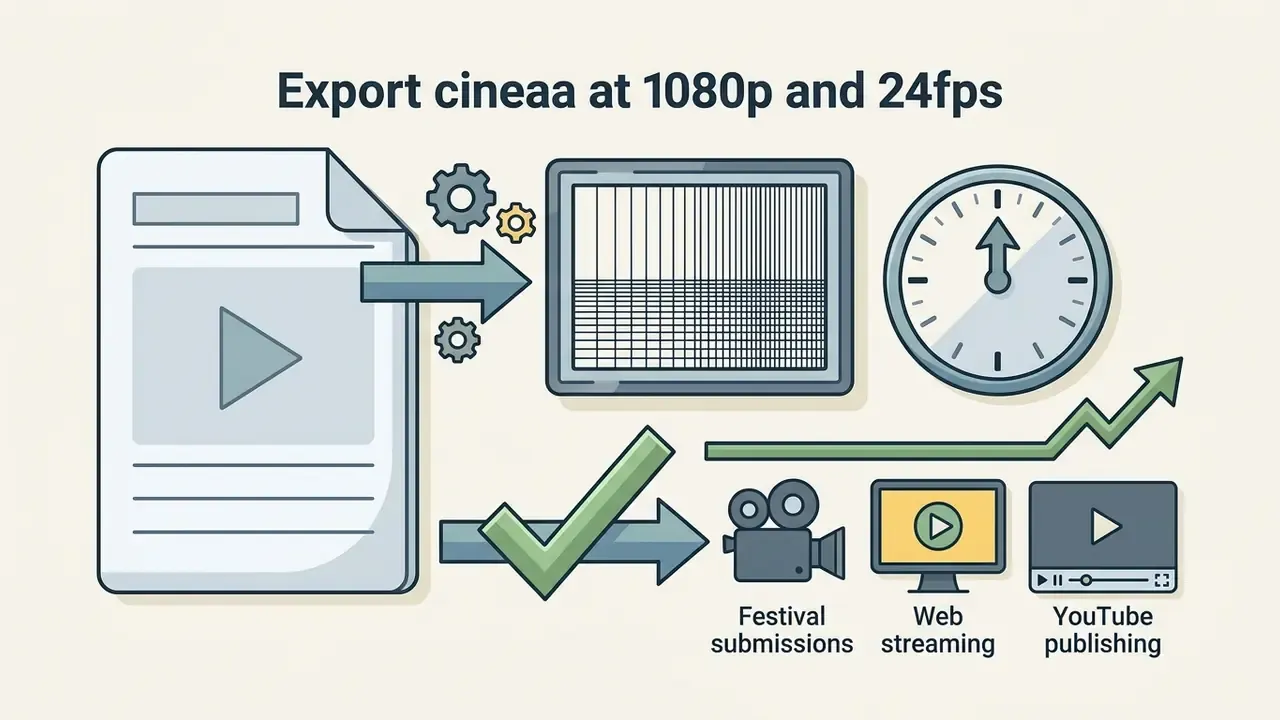 Document icon flowing into a video editor and clock leading to cinema, web, and YouTube output icons