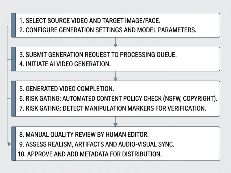 Numbered list detailing the sequential process of generating, risk-gating, and reviewing video assets