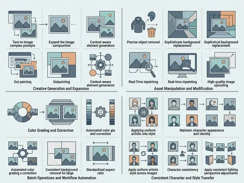 Grid of icons illustrating AI image editor capabilities for generation, manipulation, and batch processing