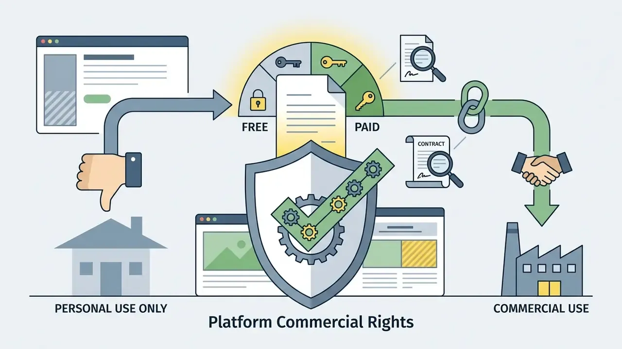 Visual representation showing the transition from personal use to commercial rights through paid contracts