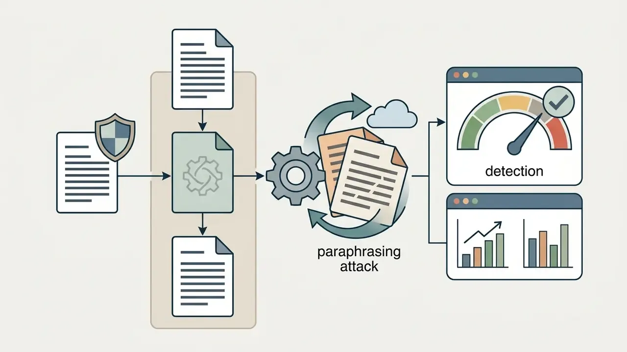 Protected text documents undergo paraphrasing cycles before being evaluated by detection and performance gauges