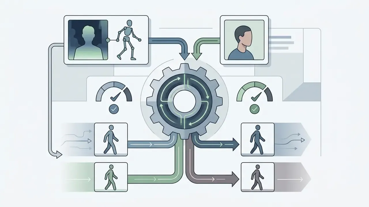 Central gear mechanism processing pose and image inputs to guide consistent character animation frames