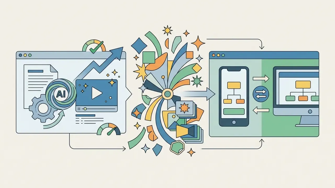 AI engine processing text into video content that syncs between mobile and desktop reel maker app interfaces