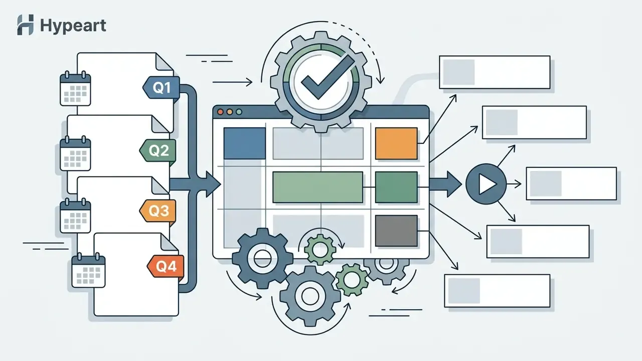 Quarterly files feeding into a grid template with gears and a play button icon for content distribution