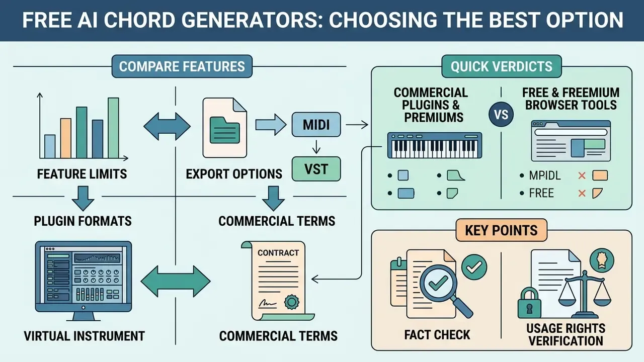 Comparison chart outlining feature limits, export options, commercial terms, and tool categories